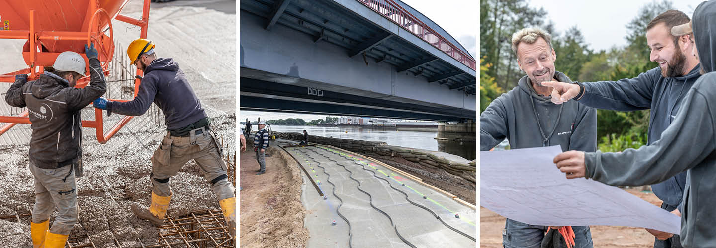 Bauunternehmen Hamburg mit Betonpumpe bei Betonierarbeiten - Team der Stapelfeldt Bauunternehmung - Fahrradweg Neubau und Sanierung in Hamburg - Betonbau an der Elbe