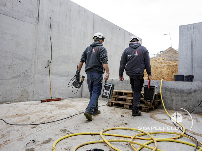 Zwei Handwerker der Stapelfeldt Bauunternehmung auf der Baustelle im Hallenbau Norderstedt, Arbeiten im Betonbereich.